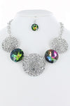 Round Glass and Rhinestone Pendant Statement Necklace Earring Set