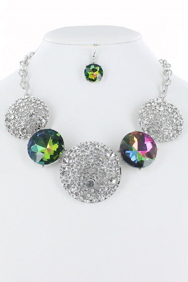 Round Glass and Rhinestone Pendant Statement Necklace Earring Set