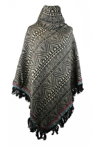 Triabal Pattern Fringe Knit Poncho