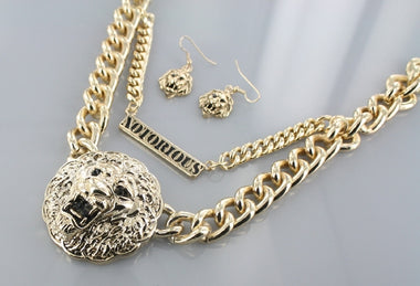 Lion Head Double Chain Necklace Earring Set