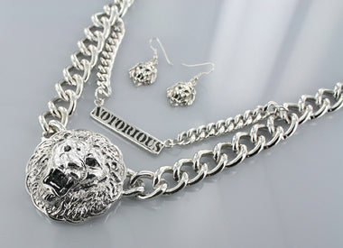Lion Head Double Chain Necklace Earring Set