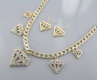 Diamond Shape Charm Chain Necklace Earring Set