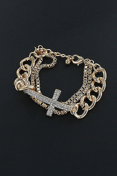 Rhinestone Cross Charm Layered Chain Bracelet