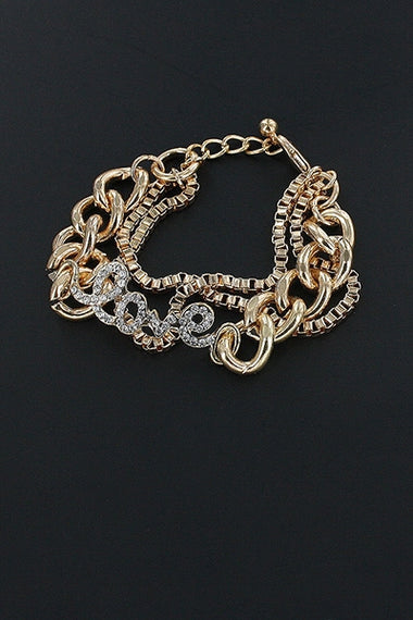 Rhinestone LOVE Charm Layered Chain Bracelet