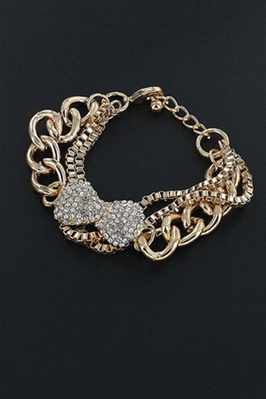 Rhinestone Bow Charm Layered Chain Bracelet