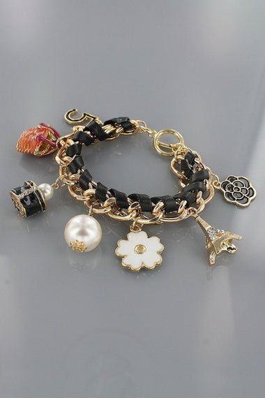 Faux Leather Chain Floral Multi Charm Bracelet