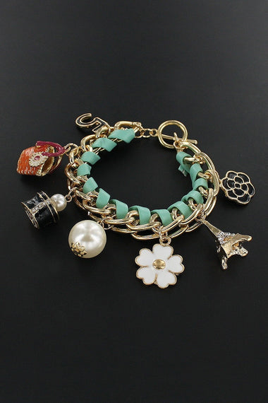 Faux Leather Chain Floral Multi Charm Bracelet