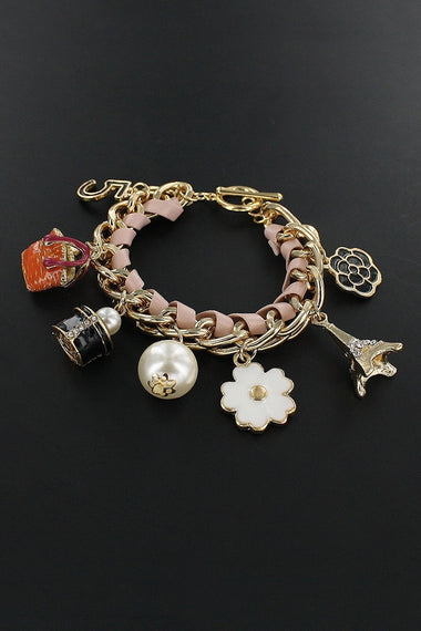 Faux Leather Chain Floral Multi Charm Bracelet
