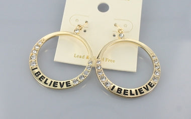 Rhinestone 'I Believe' Engraved Hoop Earring