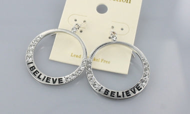 Rhinestone 'I Believe' Engraved Hoop Earring