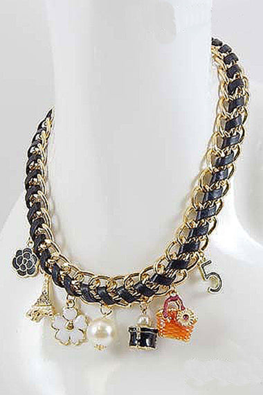 Faux Leather Chain Floral Multi Charm Necklace