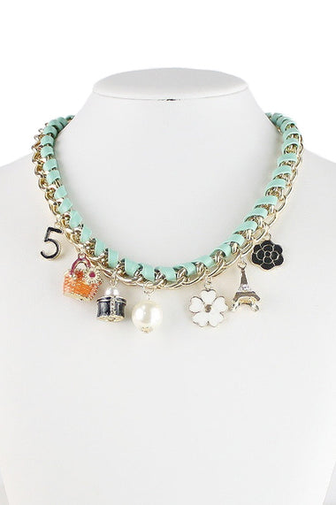 Faux Leather Chain Floral Multi Charm Necklace