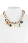 Faux Leather Chain Floral Multi Charm Necklace