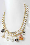 Faux Leather Chain Floral Multi Charm Necklace