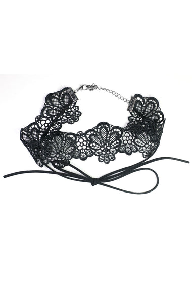 Floral Crochet Lace Thick Choker Necklace With Ribbon Bow Tie Black