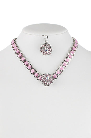 Rhinestone Floral Pendant Necklace Earring Set