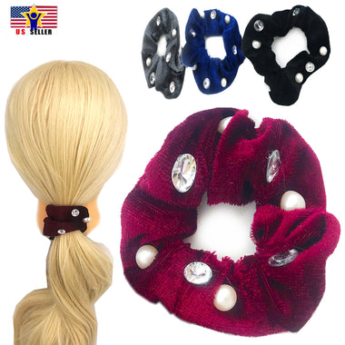 2pcs Pack Rhinestone Pearl Velvet Hair Head Tie Band Scrunchies Pony Tail Holder