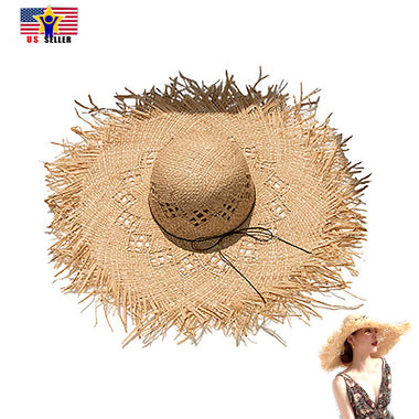 Woman Summer Outdoor Beach Cool Raffia Straw Hat Hollow Out Large Visor Brim U.S