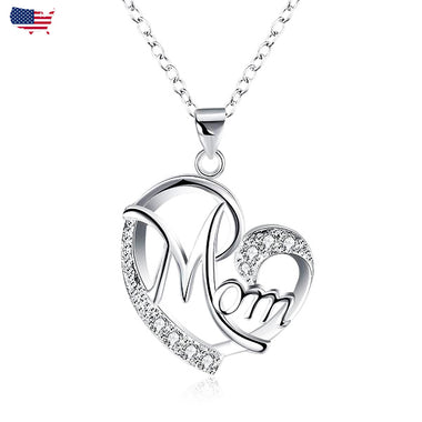 925 Silver Plated Crystal Mom Heart Pendant Necklace Mama For Mother's Day