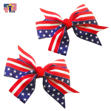 2 Pcs PATRIOTIC USA AMERICAN FLAG Ribbon Bow Tie Headband Hair Pin 4th of July