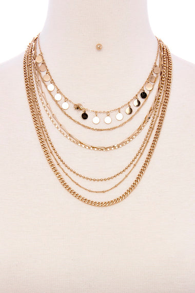 LAYERED MULTI CHAIN MINI DISK SHORT NECKLACE