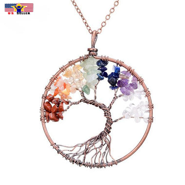 7 Chakra Yoga Tree Of Life Pendant Copper Crystal Natural Stone Quartz Necklace