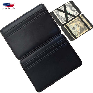 Business Credit Card Leather Wallet Elastic Band 2 Folders Money Slim Strap Hold