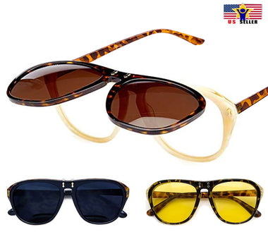 Flip Open Up Lens Flat Top Aviator Sunglasses Tortoise Shell Black Yellow Brown