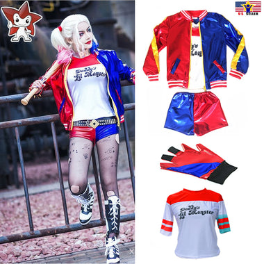Halloween Costume Suicide Squad Harley Quinn T-shirt Jacket Coat Short Glove Set