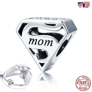 925 Sterling Silver Super Mom, Mother Mama Heart Beads Fit Bracelets DIY Accesso
