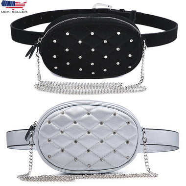 Diamond Leather Velvet Waist Fanny Pack Silver Black Quilted Chain Shoulder Bag