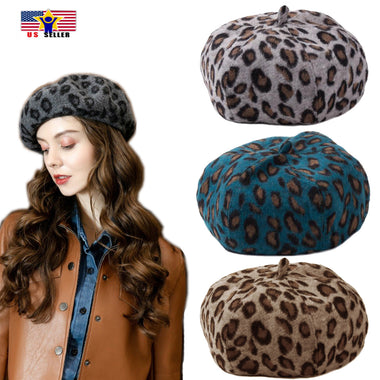Women Animal Pattern Print Leopard French Vintage Style Beret Beanie Hat Cap