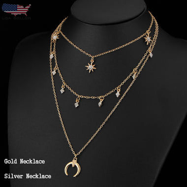 Women 3 Multi Layers Pendant Long Necklace Gold Sliver Moon Star Flower Crystal