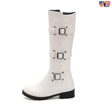 2020 New Trend Women Solid White Knee High 3 Buckle Leather Low Heel Boots Shoes