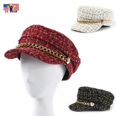 Women Gatsby Chain Tweed Elegant Octagonal News Boy Visor Cabbie Fiddler Cap Hat