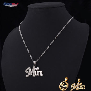 Love MUM Pendant Mom Necklace 18K Gold Silver Plated Crystal Heart Mother Gift
