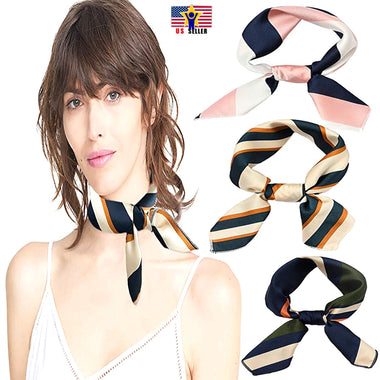 Women Silk Satin Square Line Striped Pattern Scarf Bandana Mini Neck protective