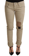 Beige Denim Cotton Bottom Slim Fit Folded Pant