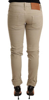 Beige Denim Cotton Bottom Slim Fit Folded Pant