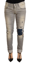 Gray Cotton Slim Fit Folded Hem Women Denim Pant