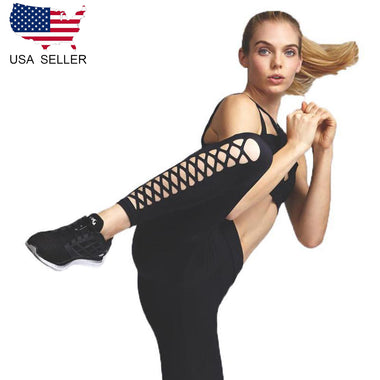 Women Criss Cross Cut See Through Leggings Casual Black Wide Waistband Stirrup