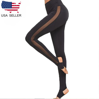 Women Mesh Side Strip See Through Sport Leggings Wide Waistband Insert Stirrup