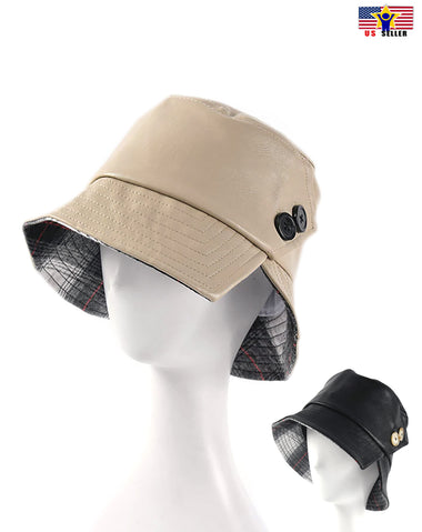Women Spring Collapsible Button Deco Leather New Bucket Hat Fisherman Sun Cap