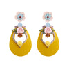 Yellow Teardrop Earrings with Rhinestone and Flower Detail
